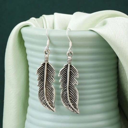 MAIRA Antique Hoop Earrings with Leaf design Drop 925 Sterling Silver Earrings Gift for Women / Girls