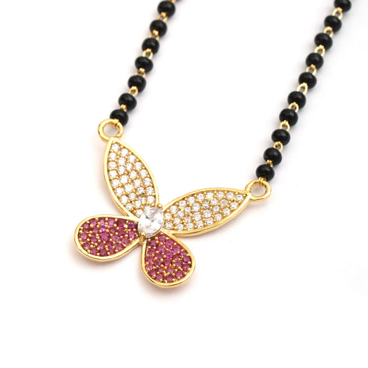 MAIRA 18 K Gold Plated Butterfly 925 Sterling Silver Swiss Zirconia Black Beads Necklace Mangalsutra Jewellery / Gift for Women