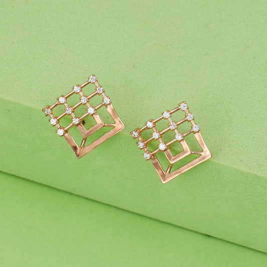 MAIRA 925 Pure Sterling Silver Geometric Crystal Grid Stud Earrings | Premium Micron Rose Gold Plated | Hypoallergenic | 6 Months Warranty | Valentine Gift For Women & Girls