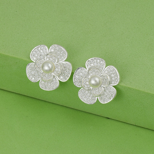 MAIRA 925 Sterling Silver Floral Pearl Earrings For Women/ Girls