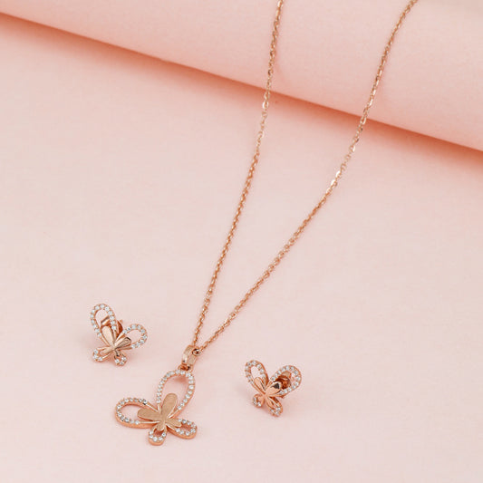 MAIRA 925 Sterling Silver Rose Gold Butterfly Design Valentine Necklace With Earrings for Girls / Women