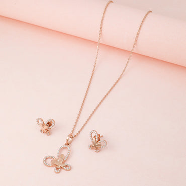 MAIRA 925 Sterling Silver Rose Gold Butterfly Design Valentine Necklace With Earrings for Girls / Women