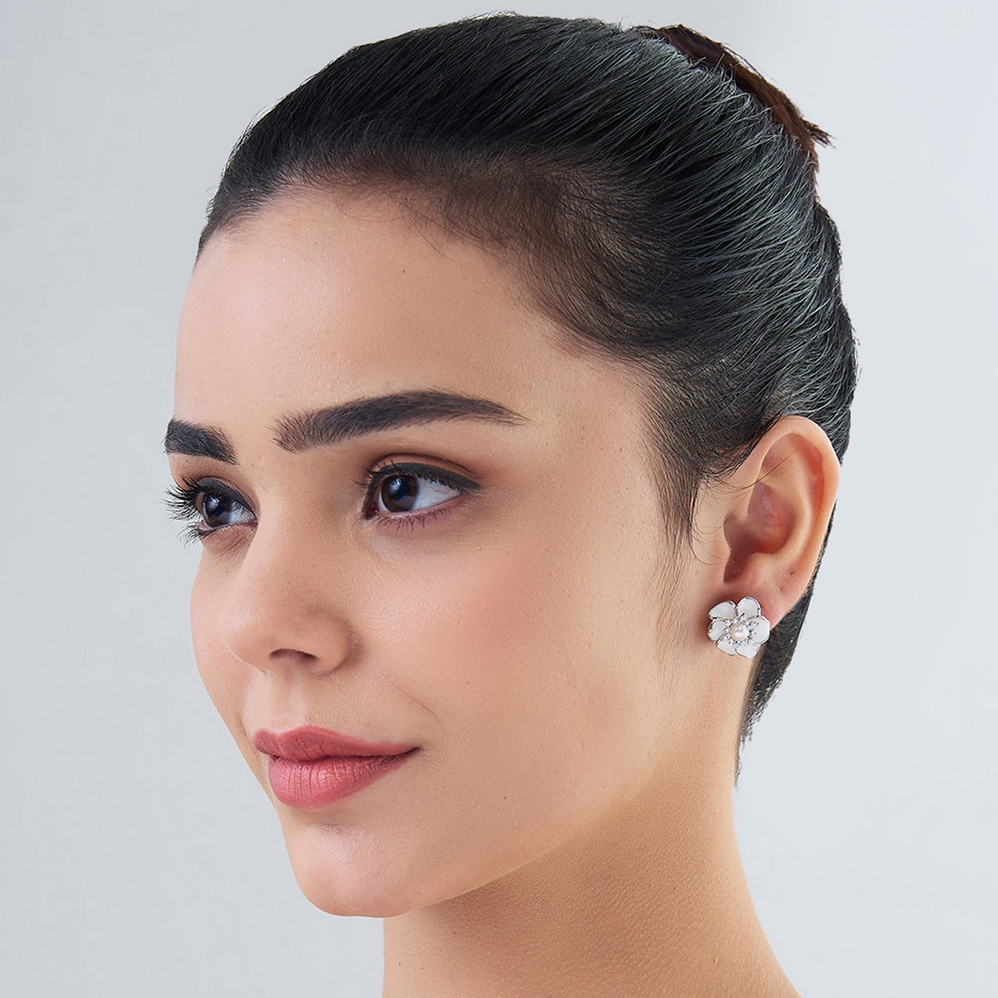 MAIRA Graceful Floral 925 Sterling Silver Earrings Pearl Enamel & Cubic Zirconia Studs for Girls / Women