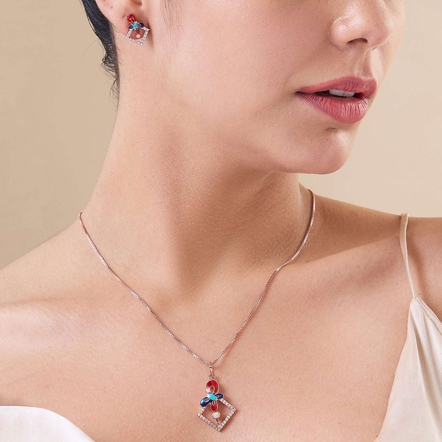 MAIRA 925 Sterling Silver Rose Gold With Multicolour Valentine Necklace With Earrings for Girls / Women