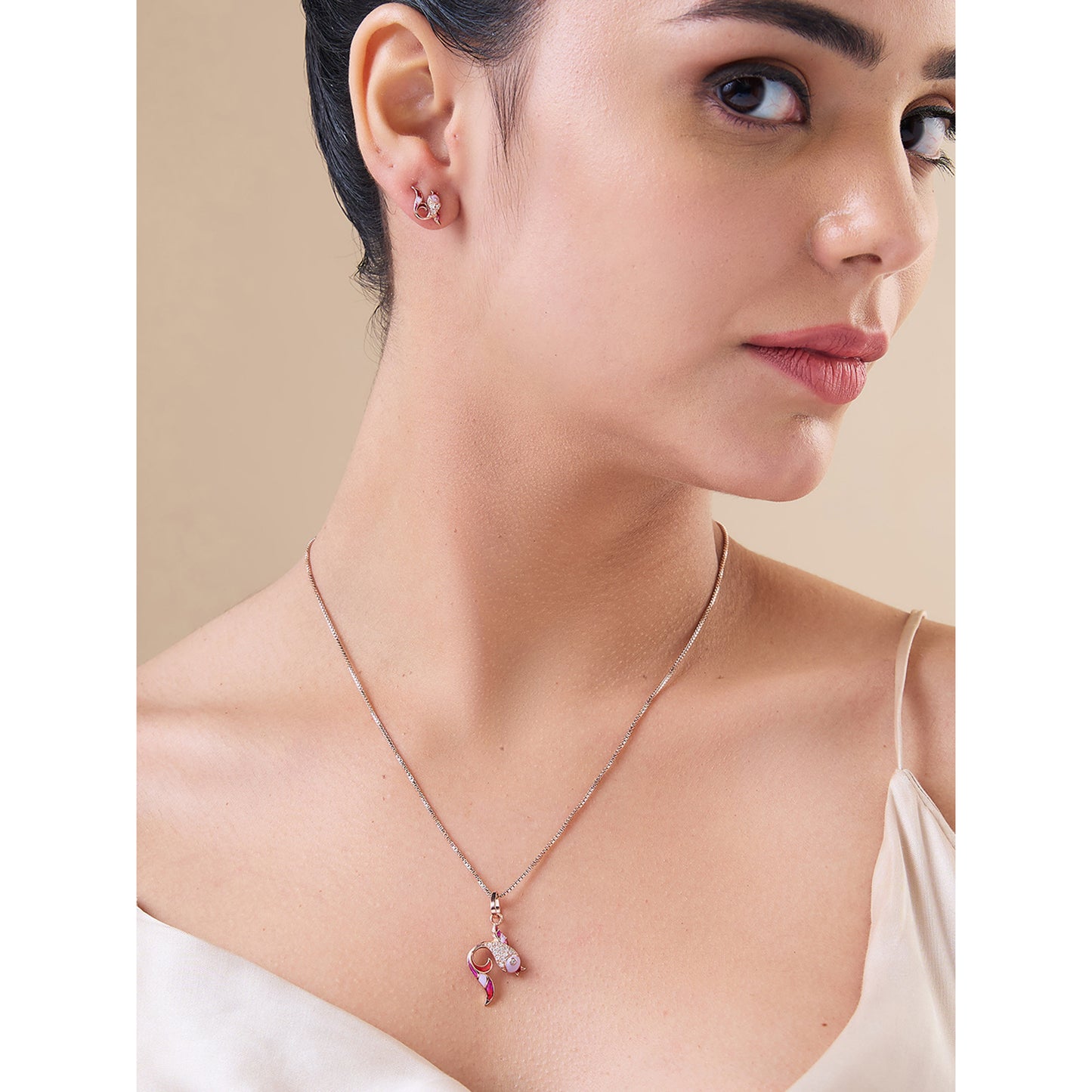 MAIRA 925 Sterling Silver Rose Gold pisces Design Valentine Necklace With Earrings for Girls / Women