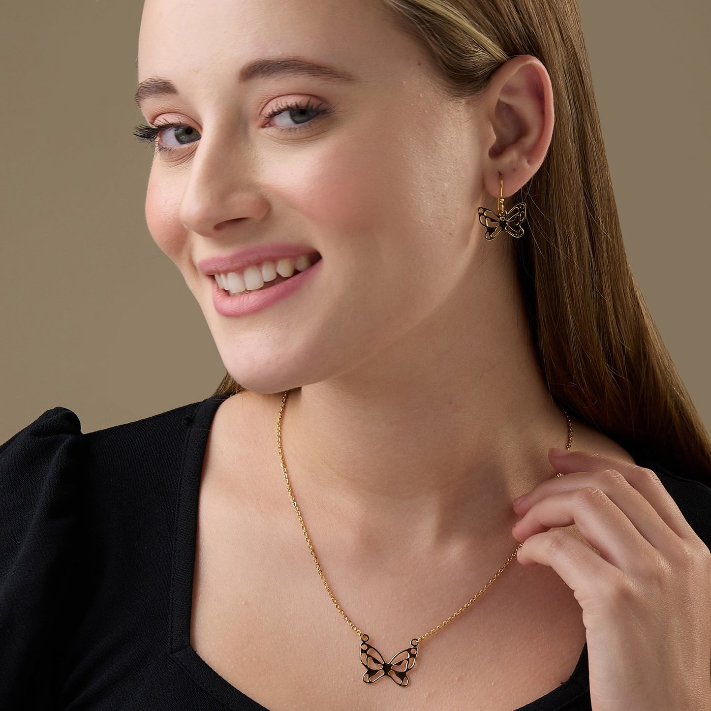 MAIRA 925 Sterling Silver 18KGold Plated Butterfly Design Valentine Necklace with Earrings Set for Girls / Women