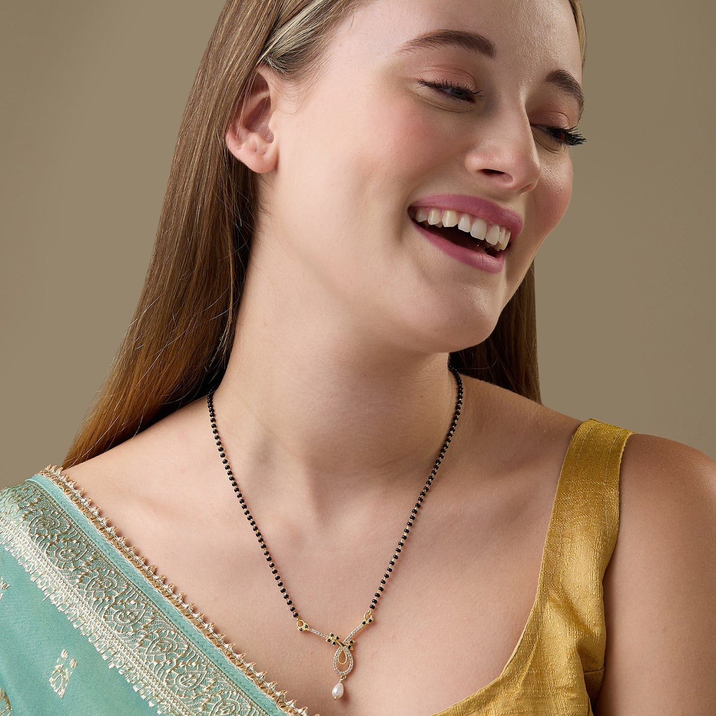 MAIRA Swiss Zirconia Floral Pendant 925 Sterling Silver 1 gram 18K Gold Plated Black Beads Mangalsutra Jewellery