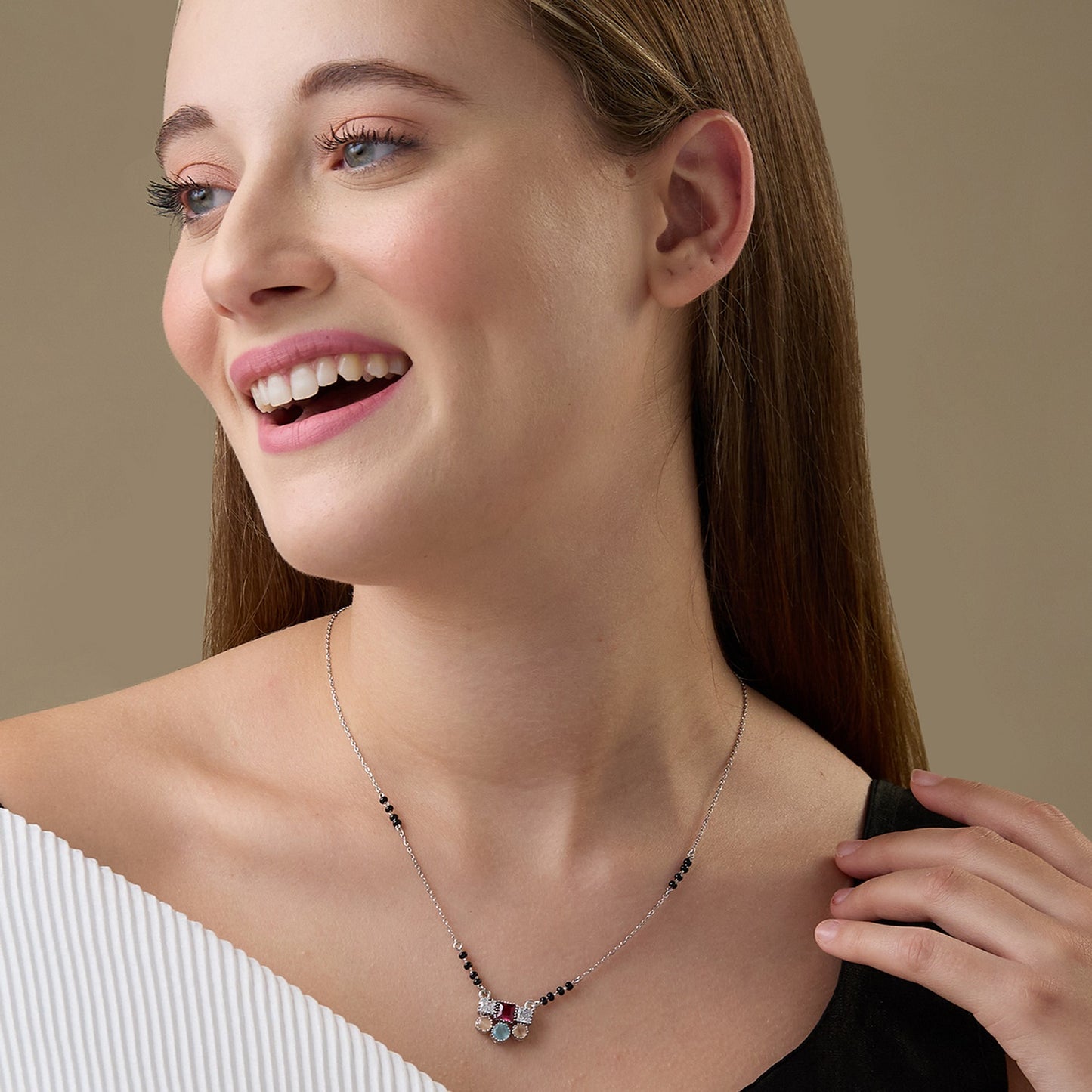 MAIRA Sterling Silver Swiss Zirconia Black Beads Stylish 18 Inch Working Women Mangalsutra Jewellery