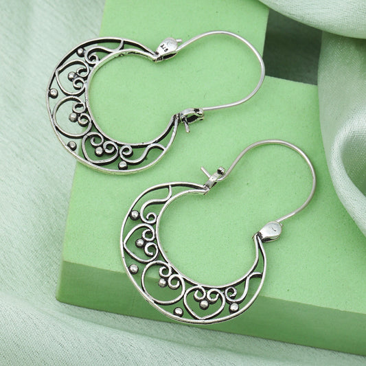 MAIRA Antique Dailywear Sterling Silver Chandbali Hoop Earrings Set for Women / Girls
