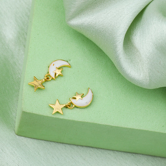 MAIRA 925 Sterling Silver 18K Gold Plated MOP Chand Tara Moon Earrings for Women / Girls