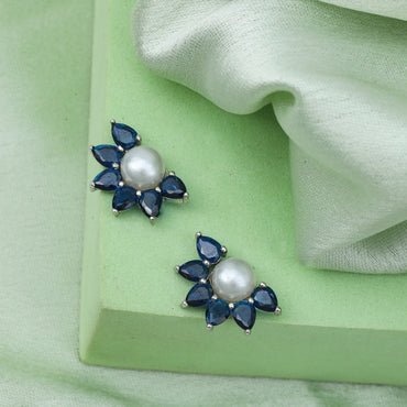 MAIRA Pearl & Blue Stones 925 Sterling Silver Earrings Set for Women / Girls