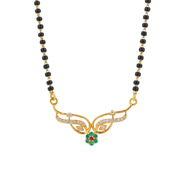 MAIRA 925 Sterling Silver 18K Micron Gold Plated Mangalsutra Necklace with CZ Diamonds, Black Beads Chain, Emerald Flower Pendant Jewellery For Women | Hypoallergenic | Pure Silver Gift For Wife