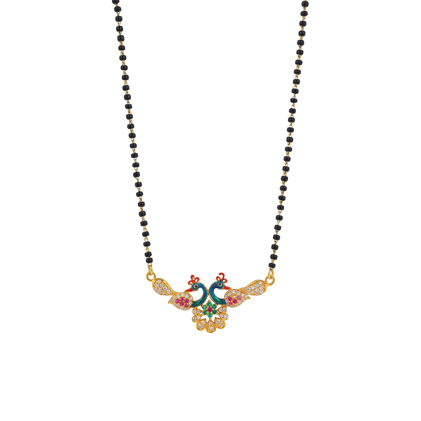 MAIRA 1gm Micron 18K Micron Gold Plated Peacock Design 18Inch Black Beads Kala Mani Mangalsutra For Women | Hypoallergenic | Tanmaniya | Chandi Necklace Jewellery | Pure Silver Gift for Wife