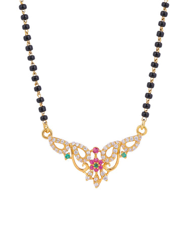 MAIRA 925 Sterling Silver Traditional Mangalsutra Necklace with CZ Diamond Floral Pendant, Black Beads Chain 18K Micron Gold Plated | Hypoallergenic | Pure Silver Gift For Wife