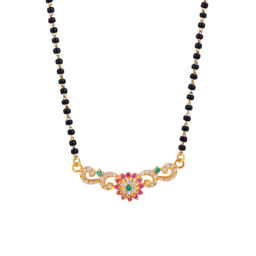 MAIRA 925 Sterling Silver Floral Ruby Green Stones Black Beads 18-inch Mangalsutra | Tanmaniya |Taali Chandi Jewellery | Pure Silver Gift for Women | Authenticity Certificate & 925 Stamp
