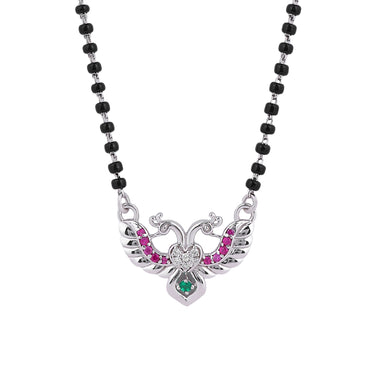 MAIRA 925 Sterling Silver black bead anti-tarnish hypoallergenic 18k Micron Premium Rhodium-plated Peacock Design Ruby Green Pendant Mangalsutra Necklace | Gift for Women | Pure Silver Gift for Wife
