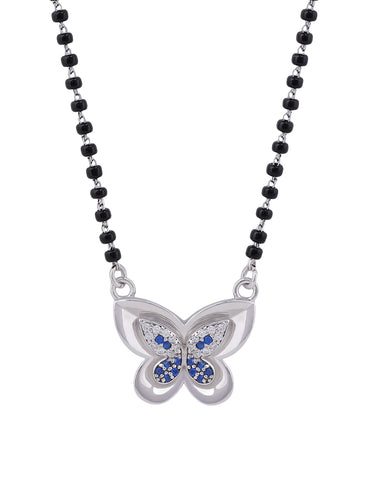 MAIRA Micron 18K Premium Rhodium Plated Hypoallergenic Black Beads Kala Mani 925 Sterling Silver Butterfly Pendant Necklace with Blue Crystals Mangalsutra | Tanmaniya | Chandi Necklace Jewellery | Pure Silver Gift for Women