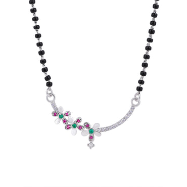 MAIRA Floral Mangalsutra Necklace with Pink and Green Stones Hypoallergenic Black Beads Kala Mani 925 Sterling Silver Mangalsutra | Tanmaniya | Chandi Necklace jewellery | Pure Silver Gift For Women