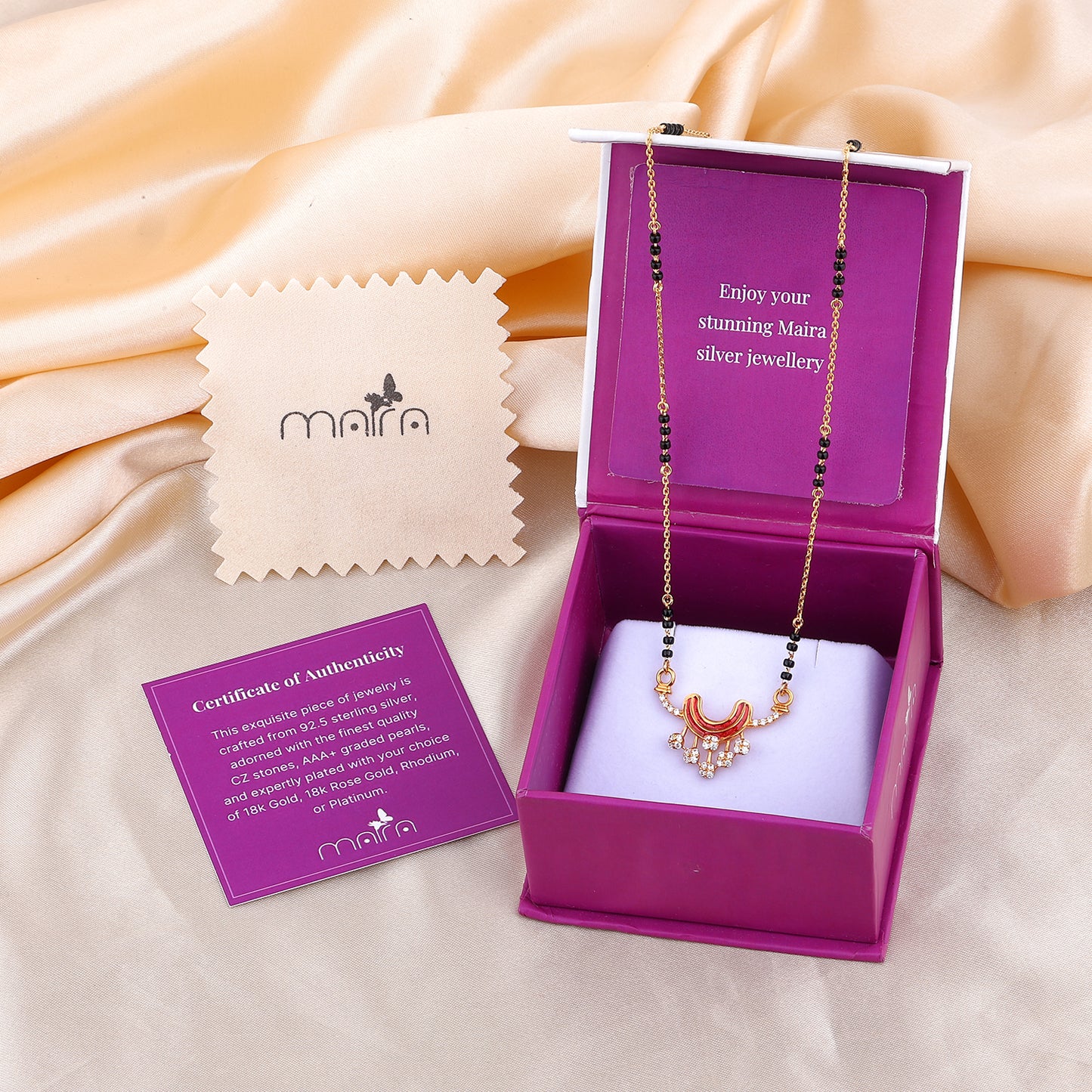 MAIRA 1gm Micron 18K Gold Plated Orange Enamel Design Hypoallergenic Black Beads Kala Mani 925 Sterling Silver Mangalsutra | Tanmaniya | Chandi Necklace Jewellery | Pure Silver Gift for Women