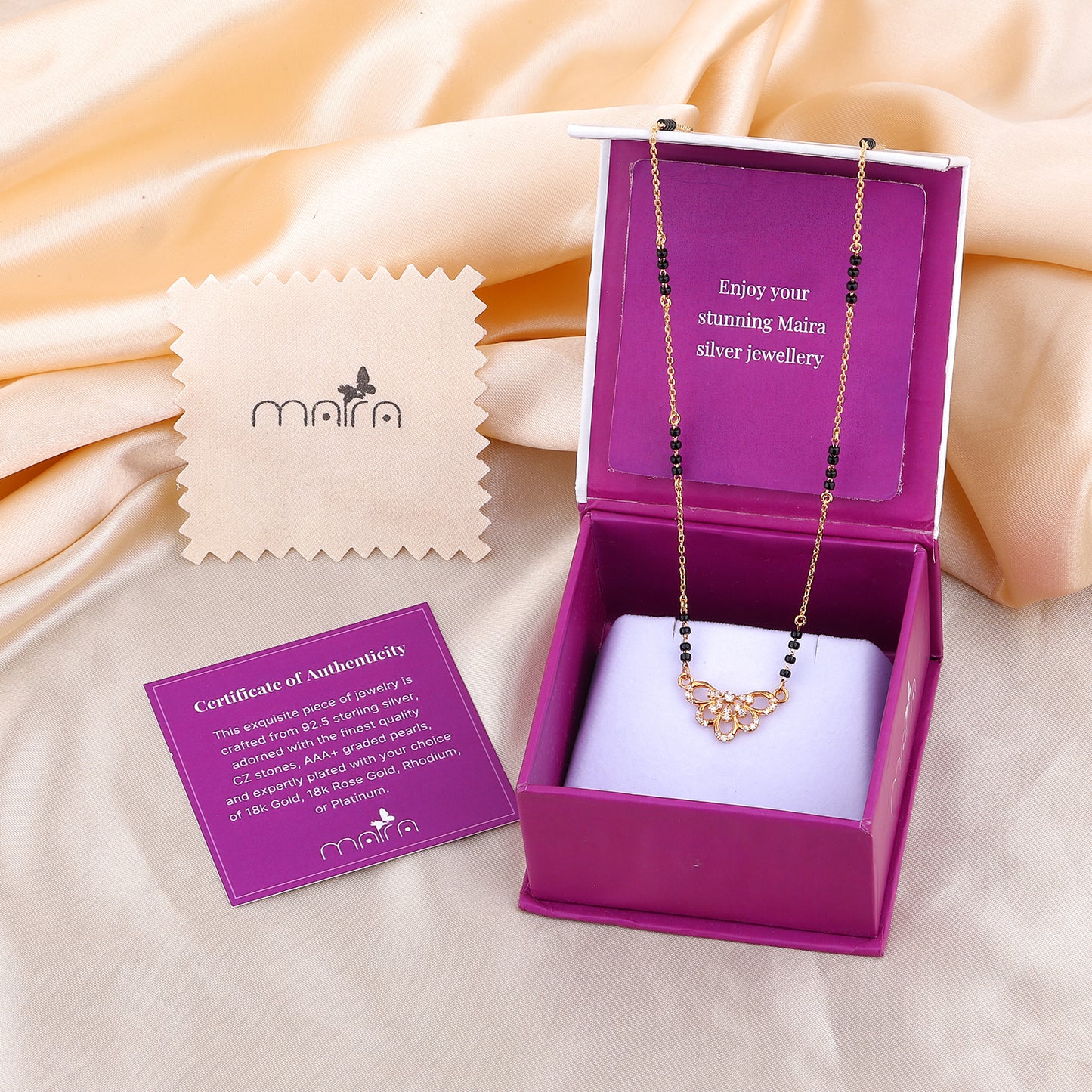 MAIRA 1gm Micron 18K Gold Plated Hypoallergenic Black Beads Kala Mani 925 Sterling Silver Mangalsutra | Tanmaniya | Chandi Necklace Jewellery | Pure Silver Gift for Women