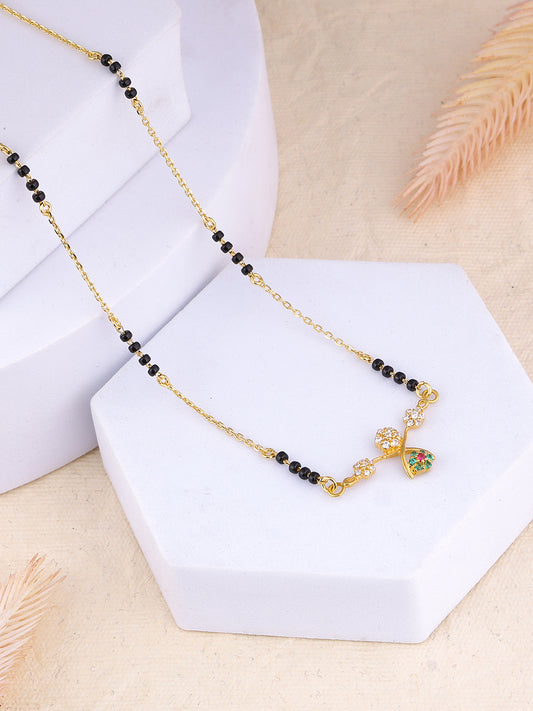 MAIRA Traditional Mangalsutra Necklace with CZ Flowers, Black Beads, Ruby and Emerald, Gold-Plated