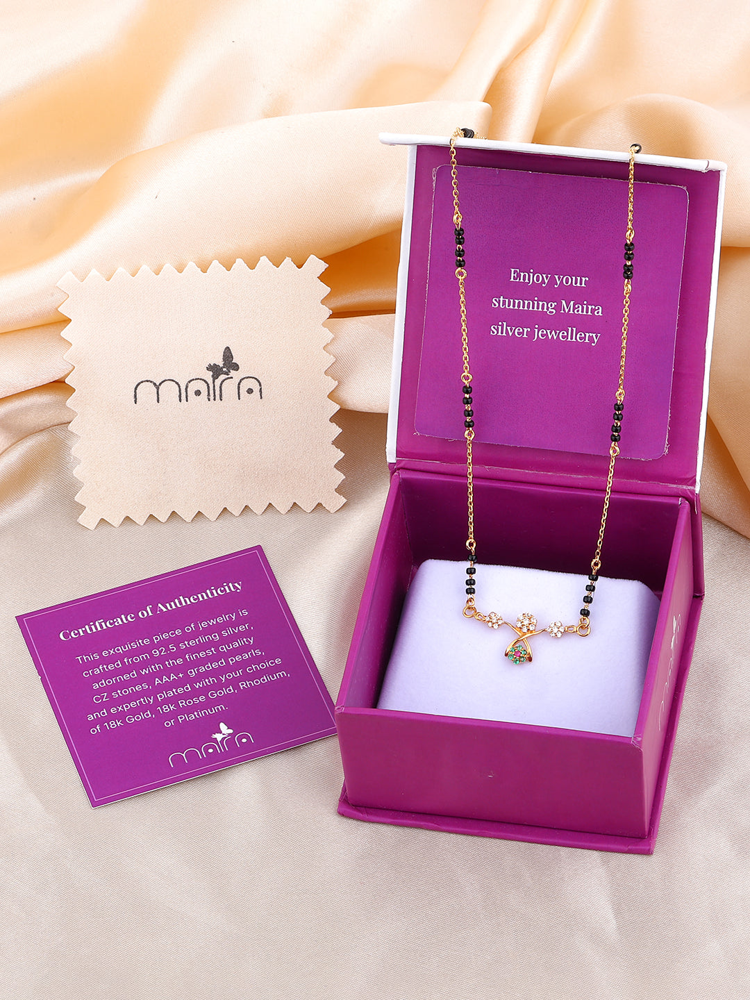 MAIRA Traditional Mangalsutra Necklace with CZ Flowers, Black Beads, Ruby and Emerald, Gold-Plated