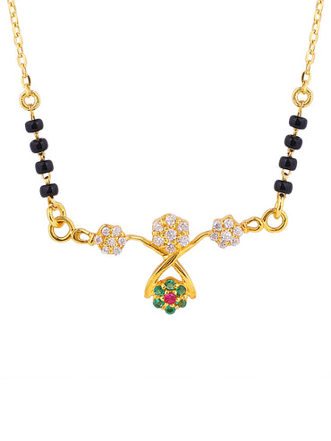 MAIRA Traditional Mangalsutra Necklace with CZ Flowers, Black Beads, Ruby and Emerald, Gold-Plated