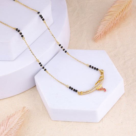 MAIRA 925 Sterling Silver Traditional Mangalsutra Necklace, Gold-Plated with CZ Diamonds and Ruby Accents | Hypoallergenic | Tanmaniya | Kala Mani Mangalsutra | Karthamani Pathak | Gift For Wife