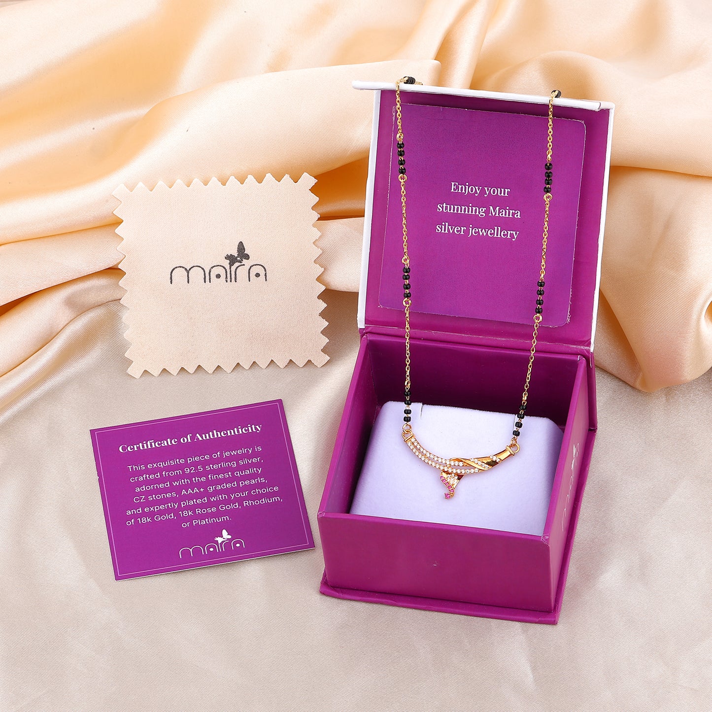 MAIRA 925 Sterling Silver Traditional Mangalsutra Necklace, Gold-Plated with CZ Diamonds and Ruby Accents | Hypoallergenic | Tanmaniya | Kala Mani Mangalsutra | Karthamani Pathak | Gift For Wife