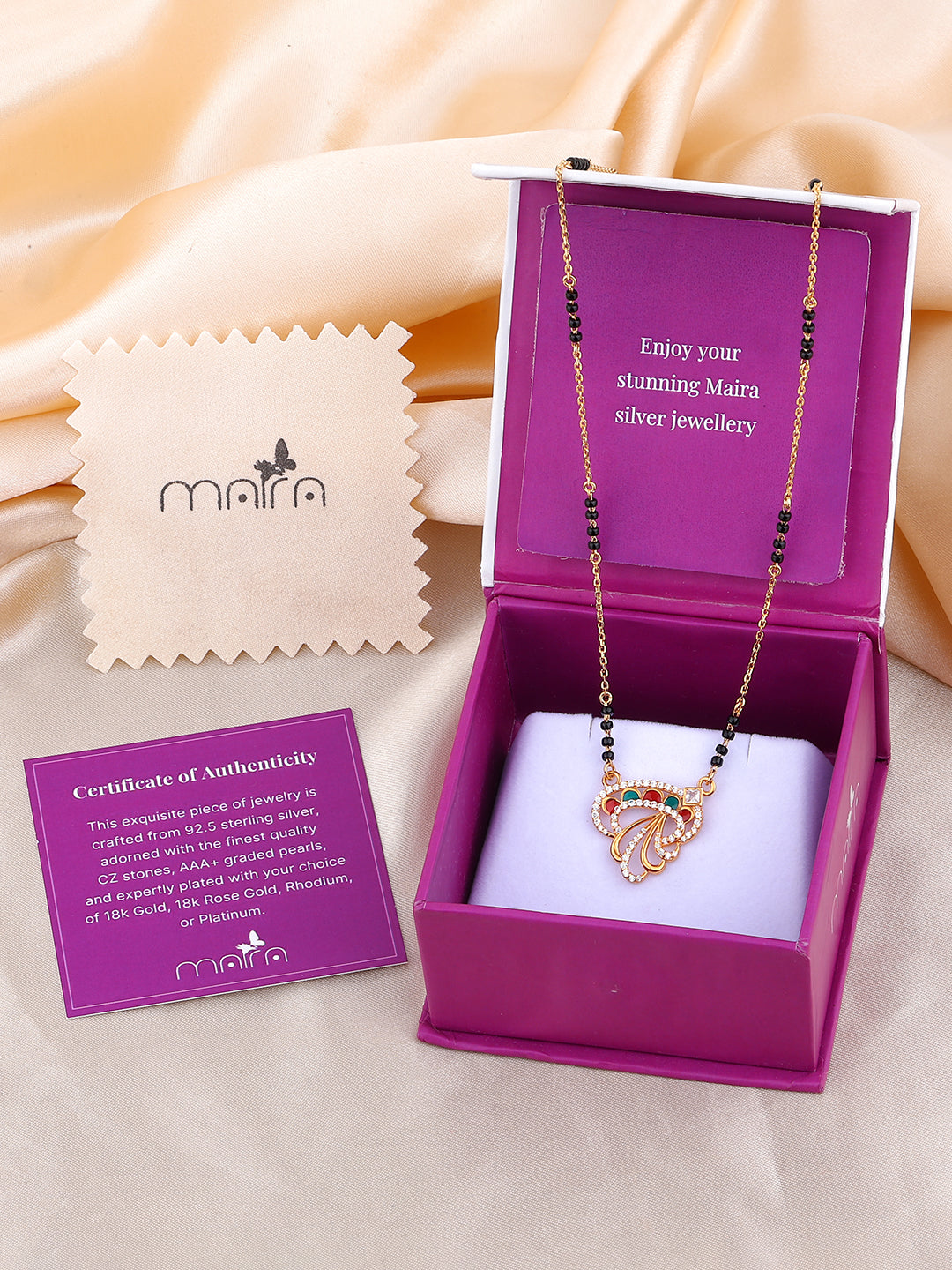 MAIRA 1gm Micron 18K Gold Plated Red and Green Mushroom design Hypoallergenic Black Beads Kala Mani 925 Sterling Silver Mangalsutra | Tanmaniya | Karthamani Pathak | Chandi Necklace Jewellery | Pure Silver Gift for Women