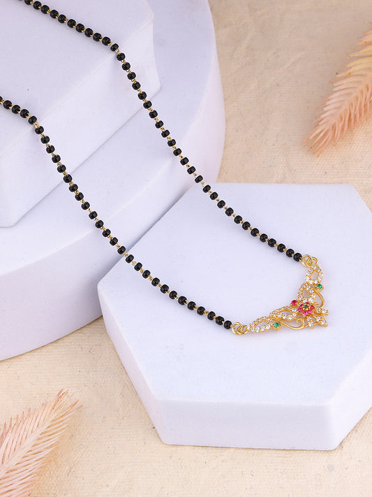 MAIRA 925 Sterling Silver Traditional Mangalsutra Necklace with CZ Diamond Floral Pendant, Black Beads Chain 18K Micron Gold Plated | Hypoallergenic | Pure Silver Gift For Wife