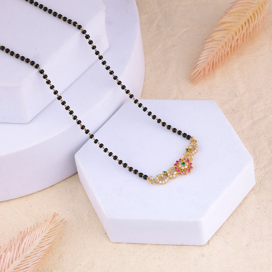 MAIRA 925 Sterling Silver Floral Ruby Green Stones Black Beads 18-inch Mangalsutra | Tanmaniya |Taali Chandi Jewellery | Pure Silver Gift for Women | Authenticity Certificate & 925 Stamp