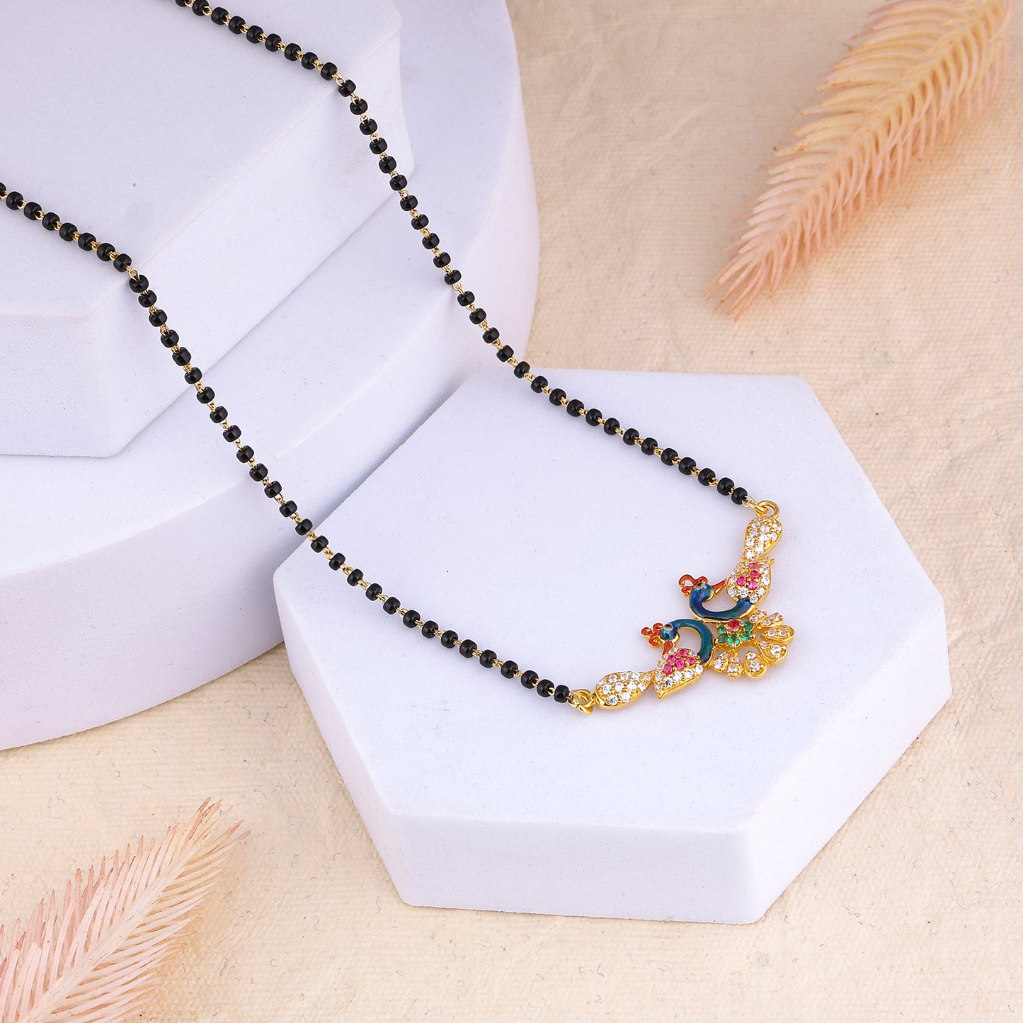 MAIRA 1gm Micron 18K Micron Gold Plated Peacock Design 18Inch Black Beads Kala Mani Mangalsutra For Women | Hypoallergenic | Tanmaniya | Chandi Necklace Jewellery | Pure Silver Gift for Wife