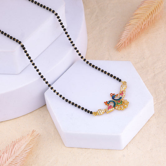 MAIRA 1gm Micron 18K Micron Gold Plated Peacock Design 18Inch Black Beads Kala Mani Mangalsutra For Women | Hypoallergenic | Tanmaniya | Chandi Necklace Jewellery | Pure Silver Gift for Wife