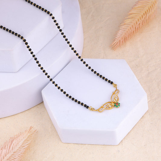 MAIRA 925 Sterling Silver 18K Micron Gold Plated Mangalsutra Necklace with CZ Diamonds, Black Beads Chain, Emerald Flower Pendant Jewellery For Women | Hypoallergenic | Pure Silver Gift For Wife