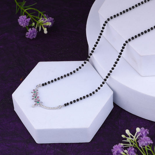MAIRA Floral Mangalsutra Necklace with Pink and Green Stones Hypoallergenic Black Beads Kala Mani 925 Sterling Silver Mangalsutra | Tanmaniya | Chandi Necklace jewellery | Pure Silver Gift For Women