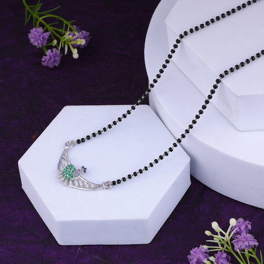 MAIRA 925 Sterling Silver black bead anti tarnish hypoallergenic18k Micron Premium Rhodium Plated With Peacock Blue and Green Pendant Mangalsutra Necklace | Gift for Women | Pure Silver Gift for Wife