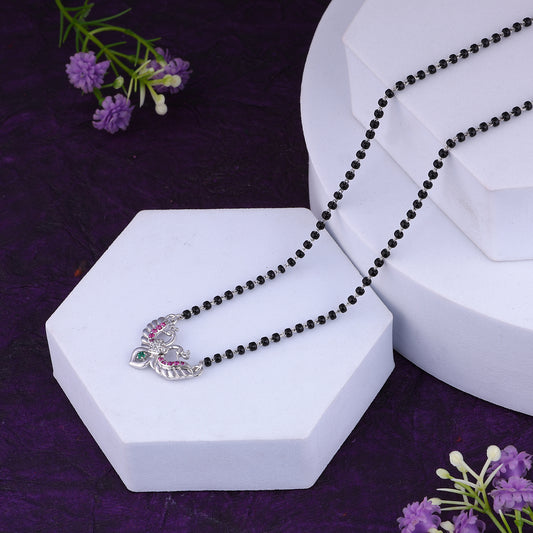 MAIRA 925 Sterling Silver black bead anti-tarnish hypoallergenic 18k Micron Premium Rhodium-plated Peacock Design Ruby Green Pendant Mangalsutra Necklace | Gift for Women | Pure Silver Gift for Wife