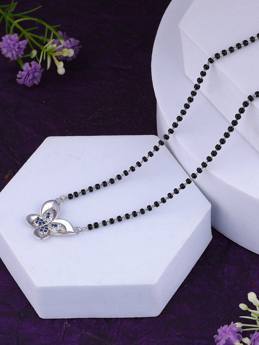 MAIRA Micron 18K Premium Rhodium Plated Hypoallergenic Black Beads Kala Mani 925 Sterling Silver Butterfly Pendant Necklace with Blue Crystals Mangalsutra | Tanmaniya | Chandi Necklace Jewellery | Pure Silver Gift for Women