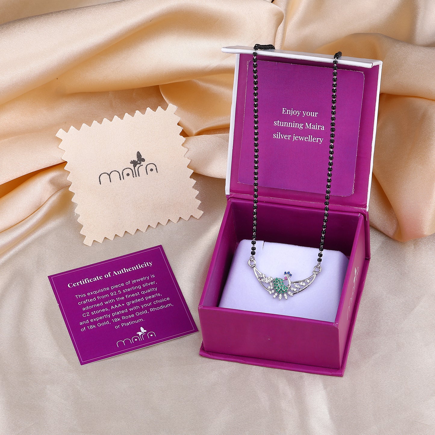 MAIRA 925 Sterling Silver Peacock Design With Green Stone Pendant black bead anti-tarnish hypoallergenic18k Micron Rhodium plated Pendant Mangalsutra Necklace | Gift for Women | Pure Silver Gift for Wife