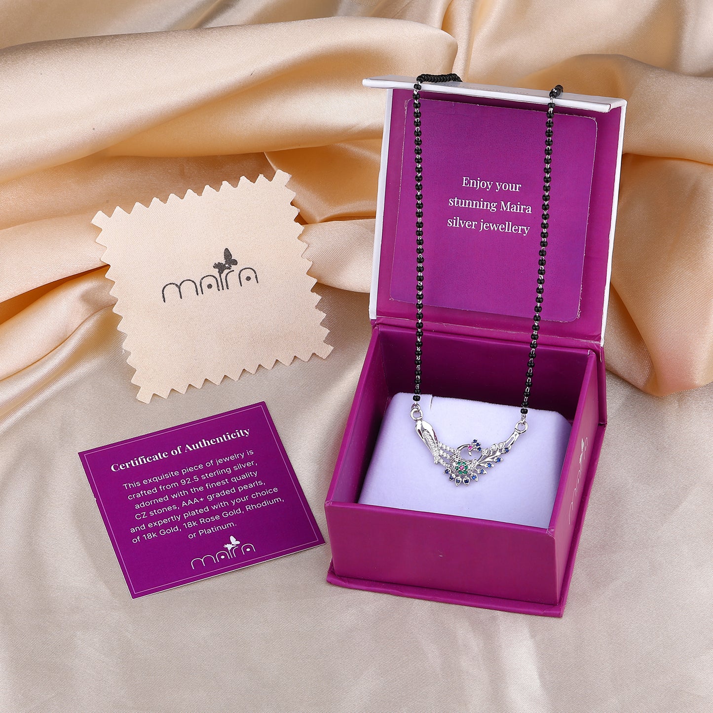 MAIRA 925 Sterling Silver black bead anti tarnish hypoallergenic18k Micron Premium Rhodium Plated With Peacock Blue and Green Pendant Mangalsutra Necklace | Gift for Women | Pure Silver Gift for Wife