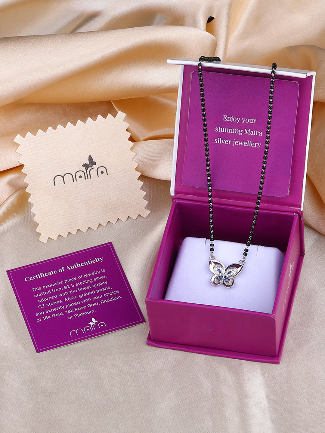 MAIRA Micron 18K Premium Rhodium Plated Hypoallergenic Black Beads Kala Mani 925 Sterling Silver Butterfly Pendant Necklace with Blue Crystals Mangalsutra | Tanmaniya | Chandi Necklace Jewellery | Pure Silver Gift for Women