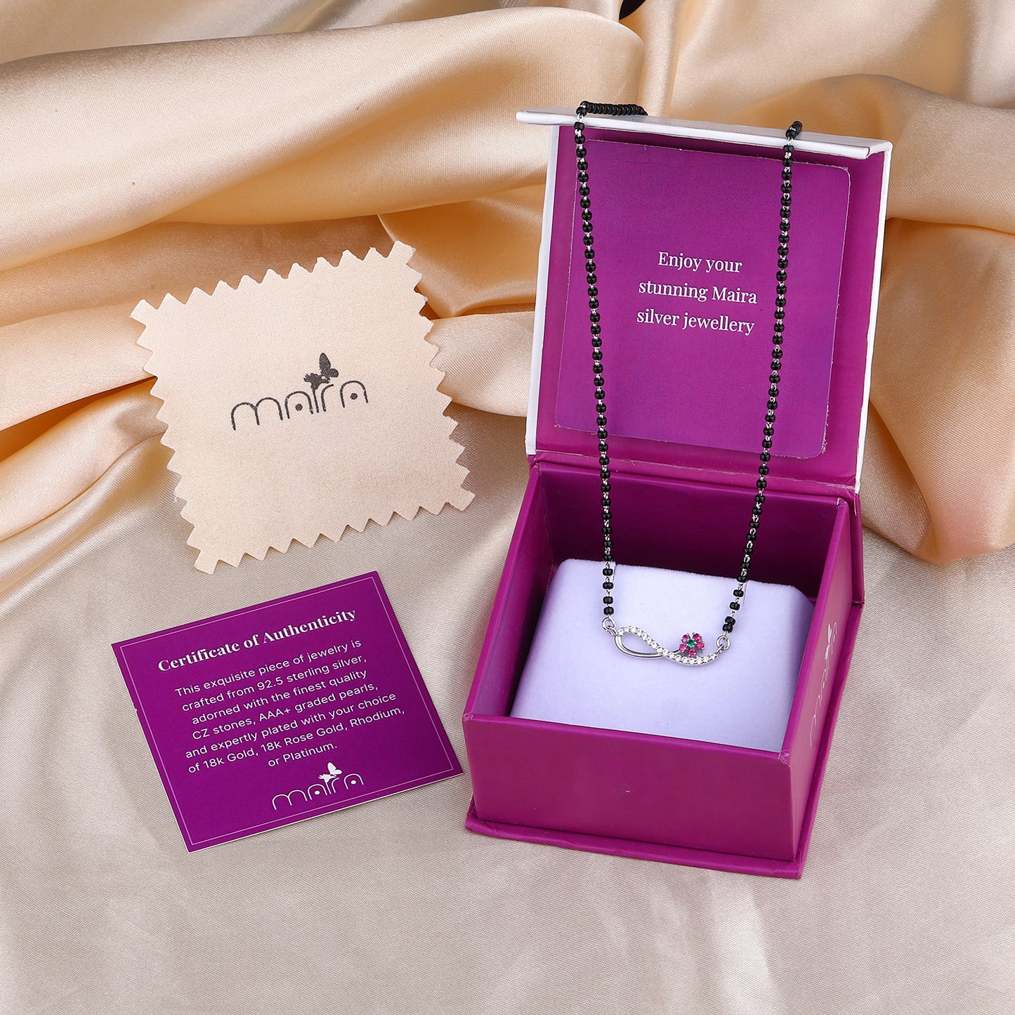 MAIRA 925 Sterling Silver black bead anti-tarnish hypoallergenic18k Micron Premium Rhodium plated With Emerald Flower Pendant Mangalsutra Necklace | Gift for Women | Pure Silver Gift for Wife