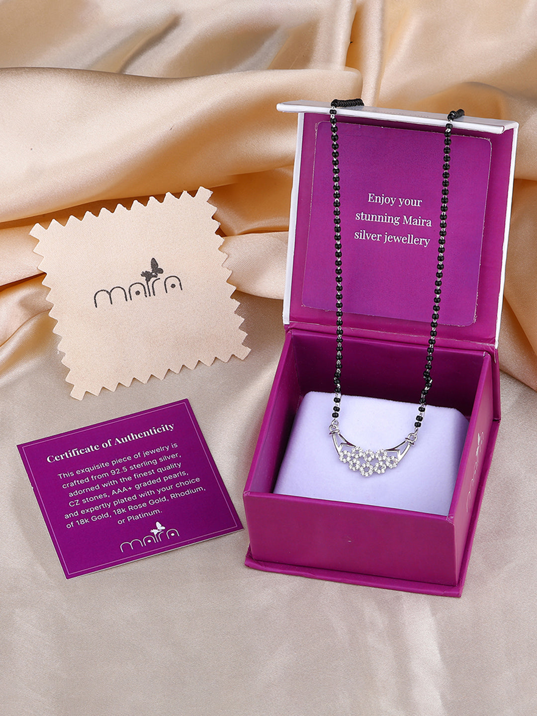 MAIRA 925 Sterling Silver black bead anti-tarnish hypoallergenic Premium Rhodium Micron Plated with Wing Heart Pendant Mangalsutra Necklace | Tanmaniya | Thali |Gift for Women | Pure Silver Gift for Wife