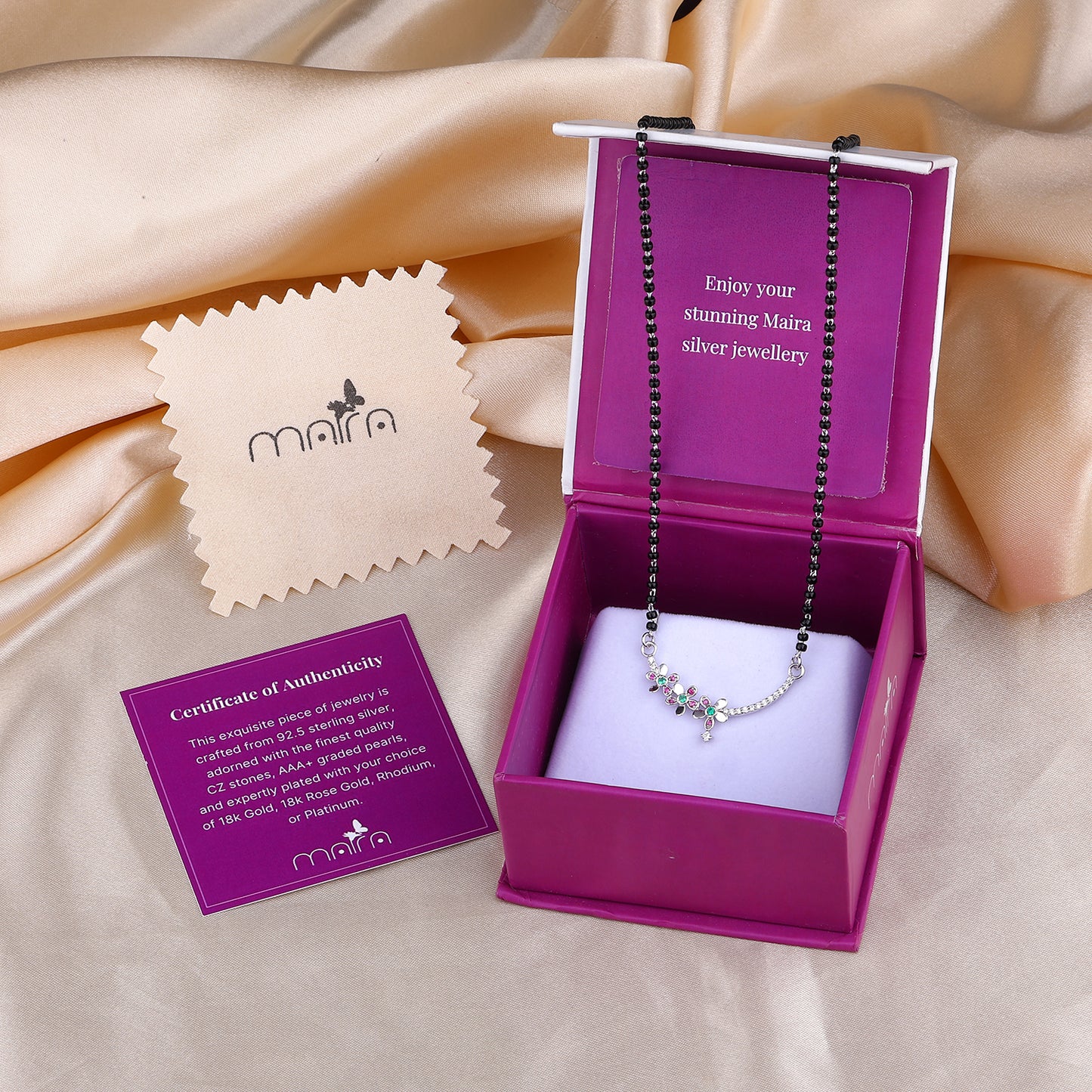 MAIRA Floral Mangalsutra Necklace with Pink and Green Stones Hypoallergenic Black Beads Kala Mani 925 Sterling Silver Mangalsutra | Tanmaniya | Chandi Necklace jewellery | Pure Silver Gift For Women