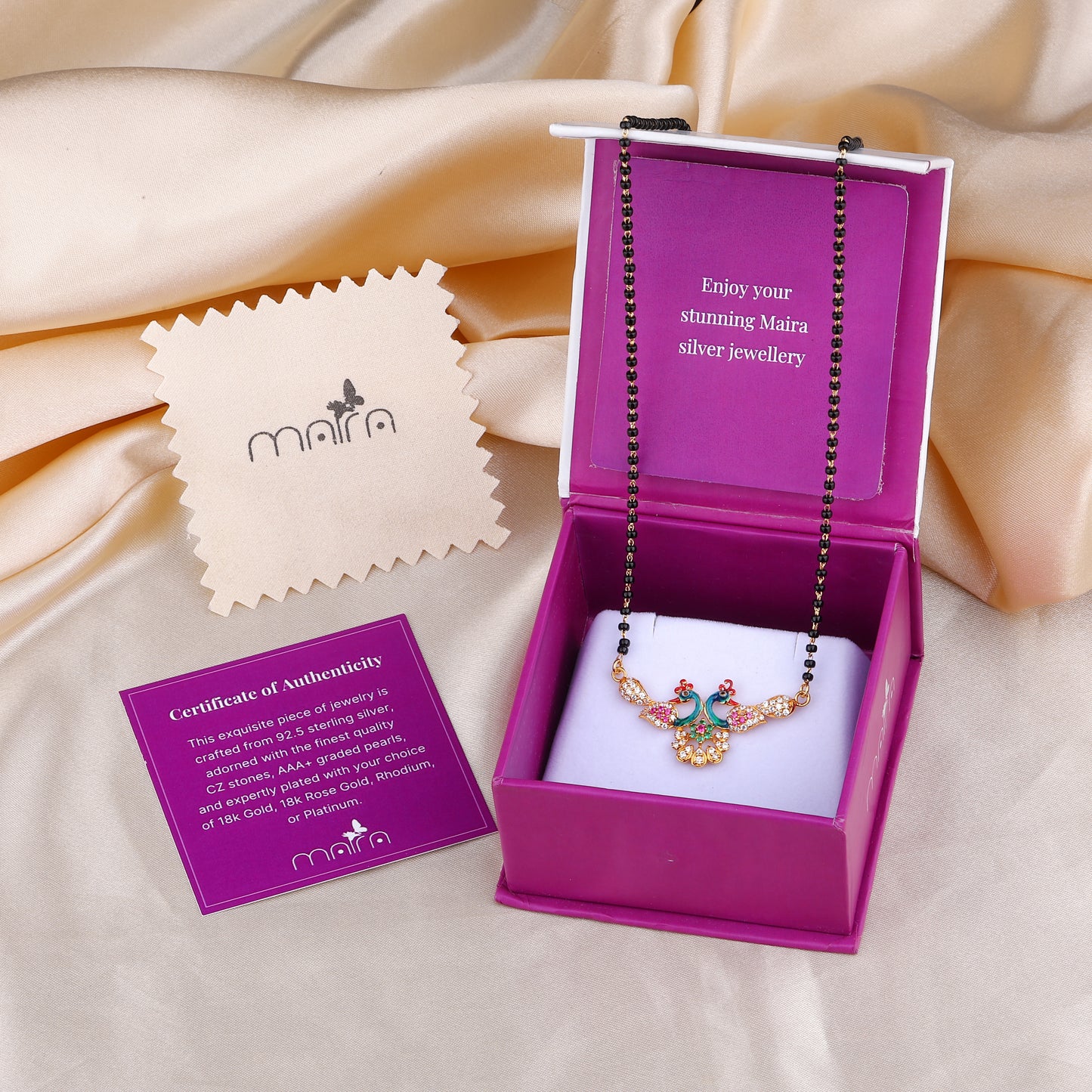 MAIRA 1gm Micron 18K Micron Gold Plated Peacock Design 18Inch Black Beads Kala Mani Mangalsutra For Women | Hypoallergenic | Tanmaniya | Chandi Necklace Jewellery | Pure Silver Gift for Wife