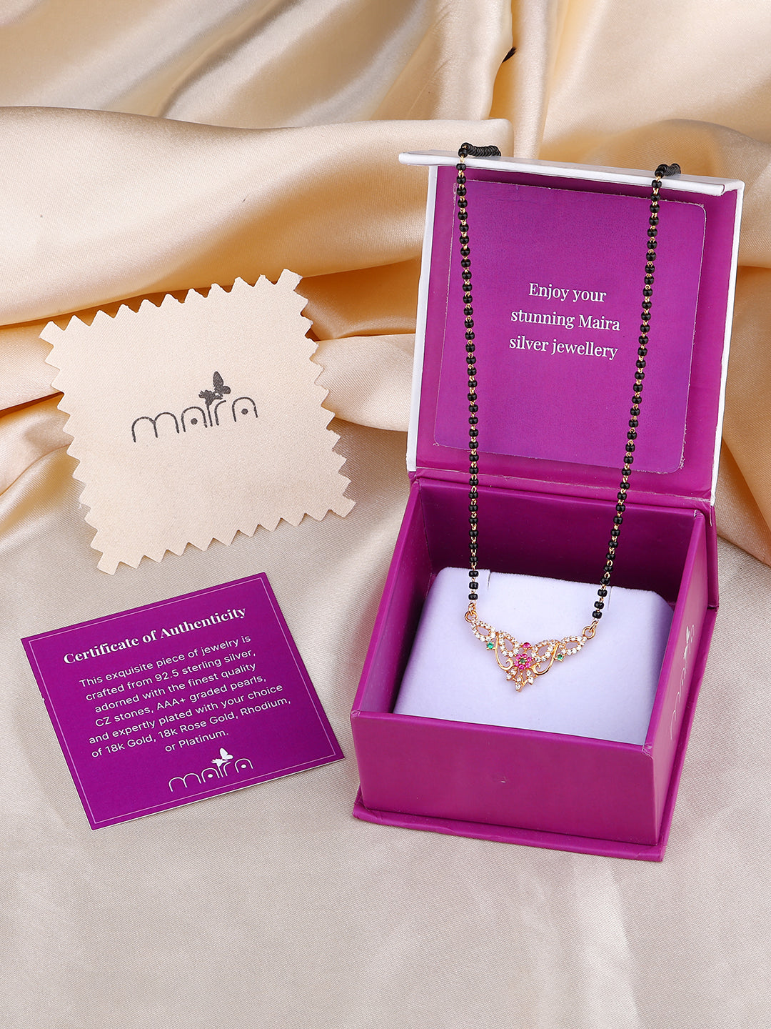 MAIRA 925 Sterling Silver Traditional Mangalsutra Necklace with CZ Diamond Floral Pendant, Black Beads Chain 18K Micron Gold Plated | Hypoallergenic | Pure Silver Gift For Wife