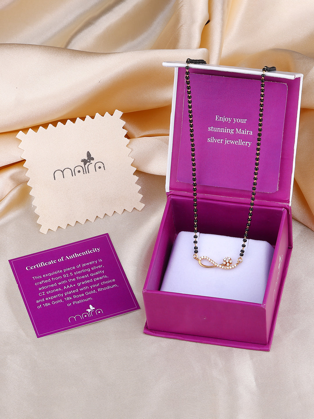 MAIRA 925 Sterling Silver Traditional Black Beaded Mangalsutra with Gold-Plated CZ Diamond Flower Pendant Necklace Mangalsutra For Women | Hypoallergenic | 6 Months Warranty