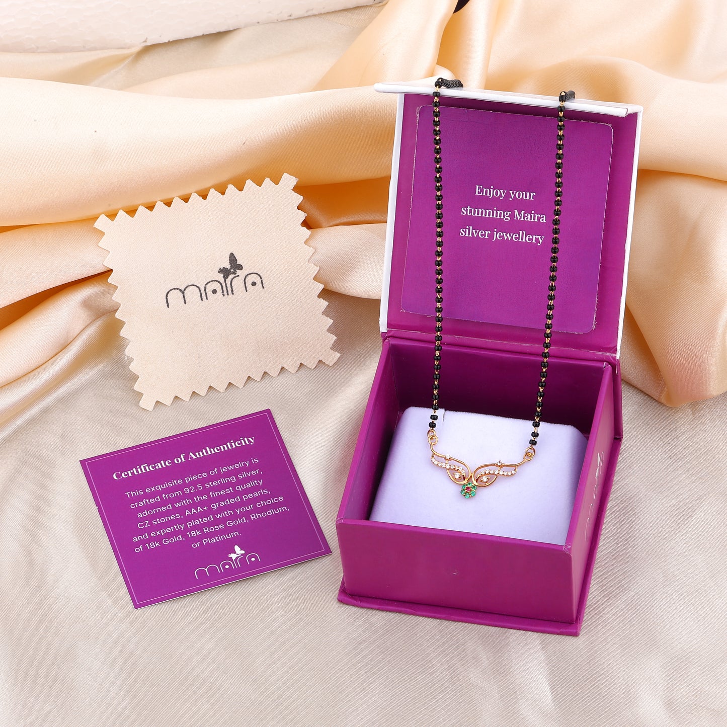 MAIRA 925 Sterling Silver 18K Micron Gold Plated Mangalsutra Necklace with CZ Diamonds, Black Beads Chain, Emerald Flower Pendant Jewellery For Women | Hypoallergenic | Pure Silver Gift For Wife