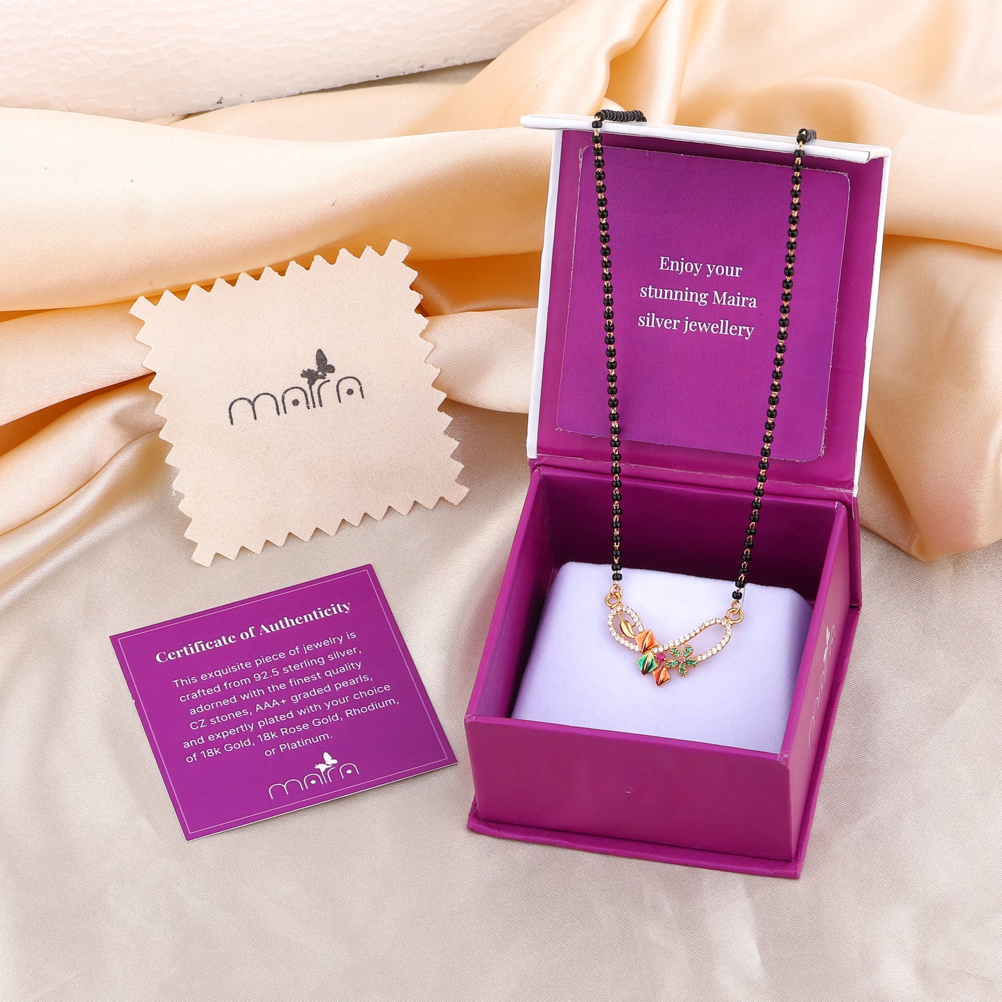 MAIRA 925 Sterling Silver Designer Mangalsutra Necklace with Black Beads Chain For women | 18K Gold Plated | Hypoallergenic | 6 Months Warranty | Pure Silver Gift For Wife